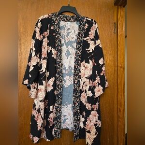 Xhilaration Black Kimono with Pink Floral Design
